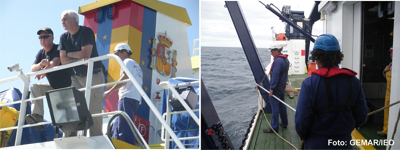 (Izquierda) Luis Gago y José Mª Abreu observan la maniobra de arriado del VOR APHIA 2012 desde la cubierta de popa del puente de gobierno. (Derecha) La tripulación aguarda a que la draga box corer alcance la cubierta de trabajo, a estribor,  para recupera